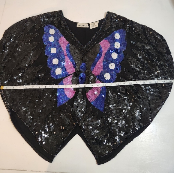 Vintage Sho Max Sequin Butterfly Blouse Black with Pink and Blue Size Small - Picture 11 of 11